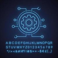 Settings digital neon light icon. Gear. Glowing sign with alphabet, numbers and symbols. Cogwheel in microchip pathways. Cyber technology. Vector isolated illustration