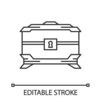 Wooden treasure chest linear icon. Thin line illustration. Pirates closed chest. Wooden dowry box. Contour symbol. Vector isolated outline drawing. Editable stroke