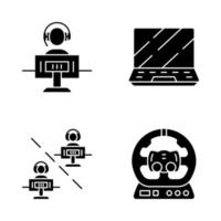 Esports glyph icons set. Gaming environment. Multiplayer video game. PC steering wheel. Gamer laptop. Game player. Silhouette symbols. Vector isolated illustration