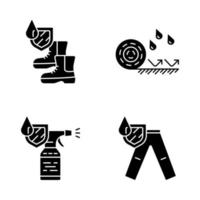 Waterproofing glyph icons set. Water resistant materials. Waterproof shoes, flooring, spray, trousers. Liquid protection. Hydrophobic technology. Silhouette symbols. Vector isolated illustration