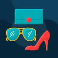 Accessories flat concept vector icon. Womens fashion idea cartoon color illustrations set. Casual style. Sunglasses, high heels, purse. Shopping. Accessories store. Isolated graphic design element