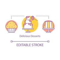 Delicious desserts concept icon. Pastry shop. Restaurant bakery. Cake, cupcake, jelly pudding. Sweet food. Candy bar idea thin line illustration. Vector isolated outline drawing. Editable stroke