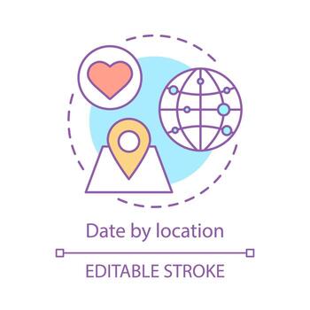 Date by location concept icon. Online dating app search feature idea thin line illustration. Navigation map with pinpoint. Global love, romance search. Vector isolated outline drawing. Editable stroke