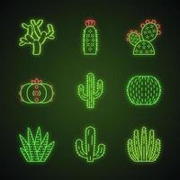 Wild cactuses neon light icons set. South American tropical flora. Succulents. Spiny plants. Cacti collection. Glowing signs. Vector isolated illustrations