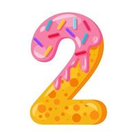 Donut cartoon two number vector illustration. Biscuit font style. Glazed bold symbol with icing. Tempting flat design typography. Cookies, waffle math sign. Pastry, bakery isolated clipart