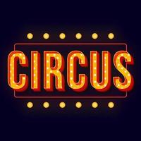 Circus vintage 3d vector lettering with glowing frame. Retro bold font. Pop art stylized text. Old school style letters. Poster, banner, signboard typography design. Dark blue color background