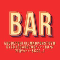 Bar 3d vintage vector lettering. Retro bold font. Pop art stylized text. Old school style letters, numbers, symbols pack. 90s, 80s poster, banner, signboard typography design. Red color background