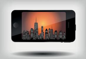 Abstract mobile phone with cities silhouette. Vector illustration. EPS 10.