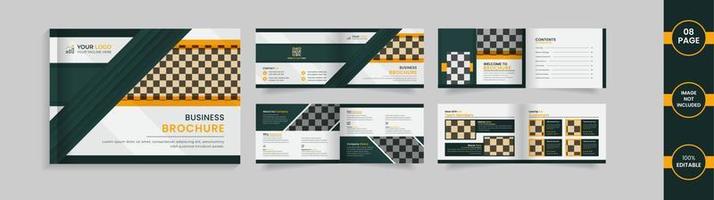 Landscape 8 page brochure design template with green and yellow  abstract shapes and informations. vector