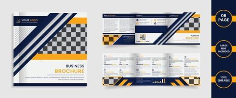 6 page square trifold corporate brochure design template with yellow and dark blue color abstract shapes and informations vector