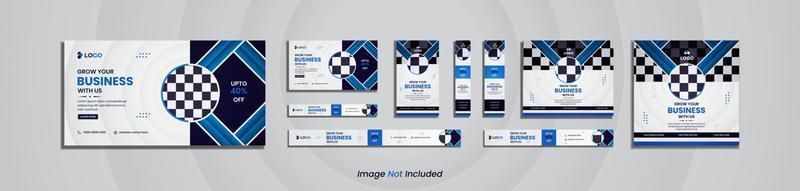 Modern business web banner and social media post pack design with deep and sky blue abstract shapes. vector
