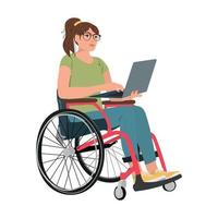 Young woman in wheelchair works on laptop vector