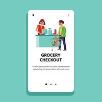 Grocery Checkout Cashier Selling Products Vector Illustration