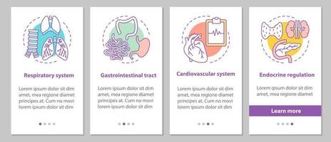 Human anatomy onboarding mobile app page screen with concepts. Respiratory and cardiovascular system, gastrointestinal tract steps graphic instructions. UX, UI, GUI vector template with illustrations