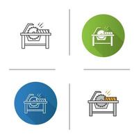 Circular saw cutting wooden plank icon. Disc saw. Flat design, linear and color styles. Isolated vector illustrations