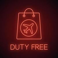 Duty free purchase neon light icon. Shopping bag with airplane. Glowing sign. Vector isolated illustration