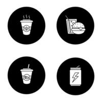 Foods glyph icons set. Takeaway coffee and tea, energy drink, soda with burger. Vector white silhouettes illustrations in black circles