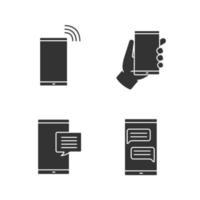 conjunto de iconos de glifo de comunicación telefónica. chateando, sms, teléfono inteligente en la mano, llamando al teléfono. símbolos de silueta. ilustración vectorial aislada vector