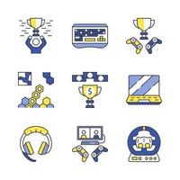 Esports color icons set. Gaming gadgets and accessories. Winner cup. Strategy game. Gamer hardware. Isolated vector illustrations
