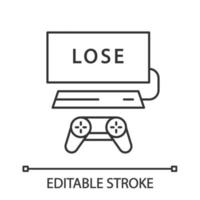 Losing game linear icon. Game over. Esports gameplay. Gaming session end. Thin line illustration. Contour symbol. Vector isolated outline drawing. Editable stroke