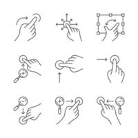 Touchscreen gestures linear icons set. Scroll up, scroll right. Zoom in vertical, zoom out horizontal. Drag finger all directions. Thin contour symbols. Isolated vector illustrations