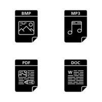 Files format glyph icons set. Image, audio files, text documents. BMP, MP3, PDF, DOC. Silhouette symbols. Vector isolated illustration