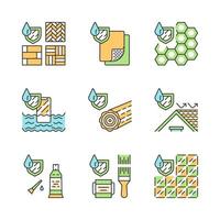 Waterproofing color icons set. Water resistant materials, surfaces. Hydrophobic technology. Waterproof flooring, paint, tile, sealant, roof, phone. Liquid protection. Isolated vector illustrations