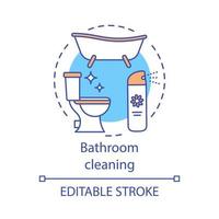 Bathroom cleaning concept icon. Home cleanup idea thin line illustration. Bath and toilet washing. Household chemicals. Mopping, wiping, dusting. Vector isolated outline drawing. Editable stroke