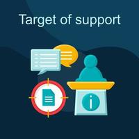 Target of support flat concept vector icon. Public speaking idea cartoon color illustrations set. Politician. Oratory. Leader. Isolated graphic design element