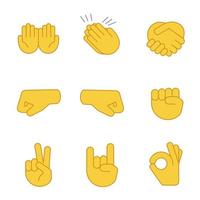 Hand gesture emojis color icons set. Begging, applause, handshake, left and right fists, peace, rock on, OK gesturing. Shaking, cupped, clapping hands. Isolated vector illustrations