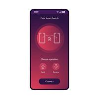 Data smart switch app mobile interface vector template. Smartphone page purple design layout. Switching phones, synchronization application screen. Files transfer flat gradient UI. Features display