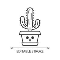 Elephant cactus cute kawaii linear character. Pachycereus with hushed face. Home cacti in pot. Mexican giant cardon. Amazed plant. Thin line icon. Vector isolated outline illustration. Editable stroke