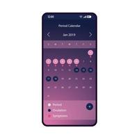 Period calendar smartphone interface vector template. Female mobile utility app purple design layout. Menstrual cycle tracker flat gradient UI. Menstruation reminder phone application display
