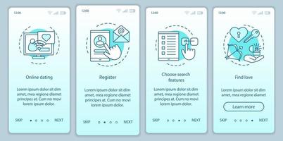 Online dating onboarding mobile app page screen vector template. Register, choose search features, find love website instructions with linear illustrations. UX, UI, GUI smartphone interface concept