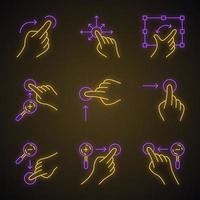 Touchscreen gestures neon light icons set. Vertical scroll up and horizontal scroll right gesturing. Zoom in vertical, zoom out horizontal. Drag fingers. Glowing signs. Vector isolated illustrations
