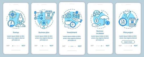 pantalla de la página de la aplicación móvil de incorporación de la industria empresarial con conceptos lineales. etapas de la empresa creando instrucciones gráficas de pasos de recorrido. ux, ui, plantilla vectorial gui con ilustraciones vector