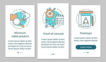 prueba de inicio incorporando la pantalla de la página de la aplicación móvil con conceptos lineales. prueba de producto mvp, poc, instrucciones gráficas de los pasos del tutorial del prototipo. ux, ui, plantilla vectorial gui con ilustraciones vector