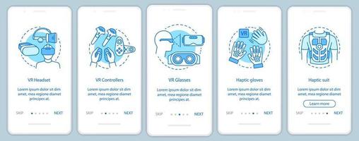 Virtual reality tools onboarding mobile app page screen with linear concept. VR mask set, controller, datagloves, suit walkthrough steps graphic instructions. UX, UI, GUI vector template with icons
