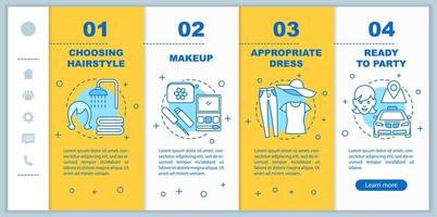 Getting ready for party onboarding mobile web pages vector template. Responsive smartphone interface idea with linear illustrations. Beauty salon webpage walkthrough step screens. Appropriate makeup