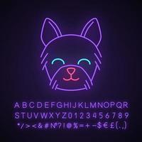 Yorkshire Terrier cute kawaii neon light character. Dog with smiling muzzle. Animal smiling eyes. Funny emoji, emoticon. Glowing icon with alphabet, numbers, symbols. Vector isolated illustration