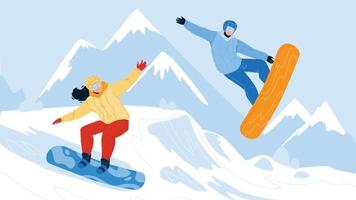 gente de deporte de snowboard en vector de montaña nevada