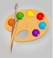 Wooden art palette with paints and brushe vector