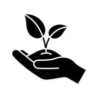 Greening glyph icon. Silhouette symbol. Environment protection. Open hand with sprout. Agriculture. Negative space. Vector isolated illustration