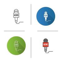 Microphone broadcasting news icon. Television reporting. Flat design, linear and color styles. Isolated vector illustrations