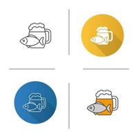 Beer mug with salty fish icon. Ale. Flat design, linear and color styles. Isolated vector illustrations