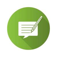 Writing message flat linear long shadow icon. Chatting. Message editing. Communication. Speech bubble with pencil. Vector outline symbol