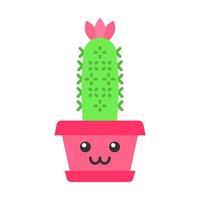 erizo cactus diseño plano icono de color de sombra larga. cactus con cara sonriente. echinopsis con flor. cactus caseros. planta feliz en maceta. planta de casa. planta suculenta. ilustración de silueta vectorial vector