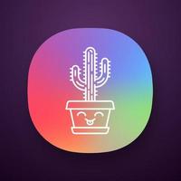 Saguaro app icon. Cactus with smiling face. Embarrassed home cacti with tongue out. Happy tropical plant in pot. UI UX user interface. Web or mobile application. Vector isolated illustration