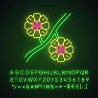 Whitestem paperflower neon light icon. Psilostrophe cooperi. Cooper paper daisy. Blooming liana. Mexican exotic flower. Glowing sign with alphabet, numbers and symbols. Vector isolated illustration