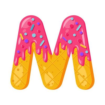 Donut cartoon M letter vector illustration. Biscuit bold font style. Glazed capital letter with icing. Tempting flat design typography. Waffle alphabet. Pastry, bakery isolated clipart